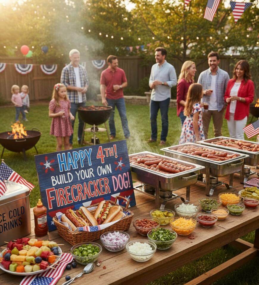 A group of people celebrate the 4th of July in a backyard, grilling food and preparing hot dogs at a decorated table with a “Build Your Own Firecracker Dog!” sign, toppings, and American flags. Patriotic decor and fire pits are visible.