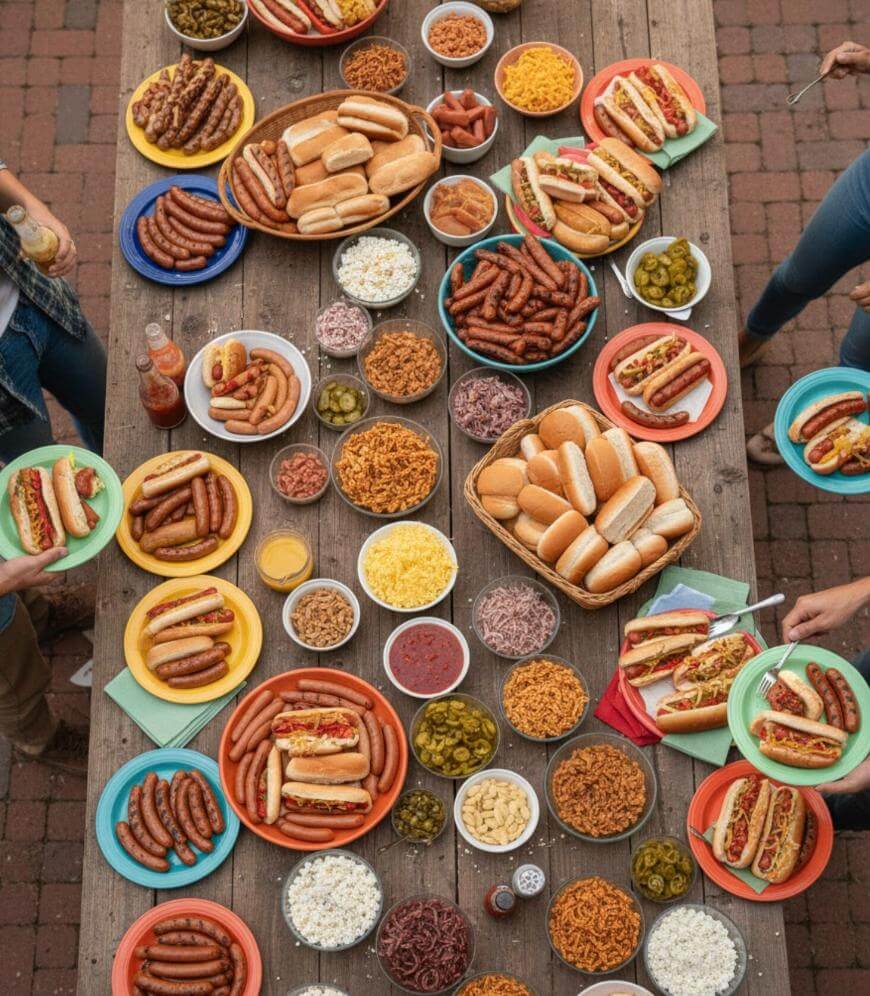A picnic table filled with hot dogs, sausages, buns, bowls of toppings, chips, and condiments. Several people are reaching for food, creating a festive outdoor meal atmosphere.