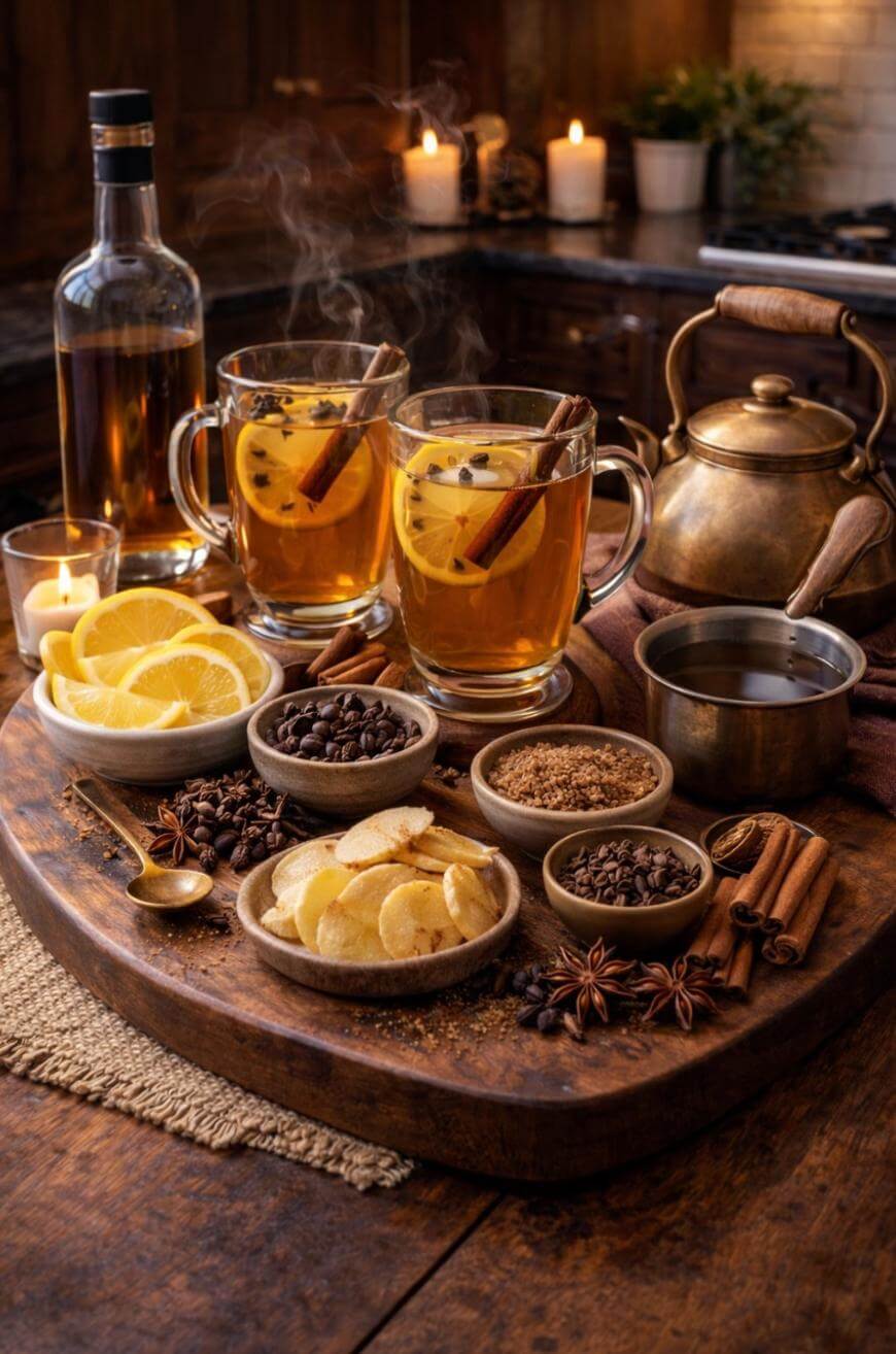 A cozy scene with two glass mugs of hot spiced tea garnished with lemon slices and cinnamon sticks, surrounded by bowls of spices, lemon, coffee beans, a teapot, candles, and a bottle on a rustic wooden tray.