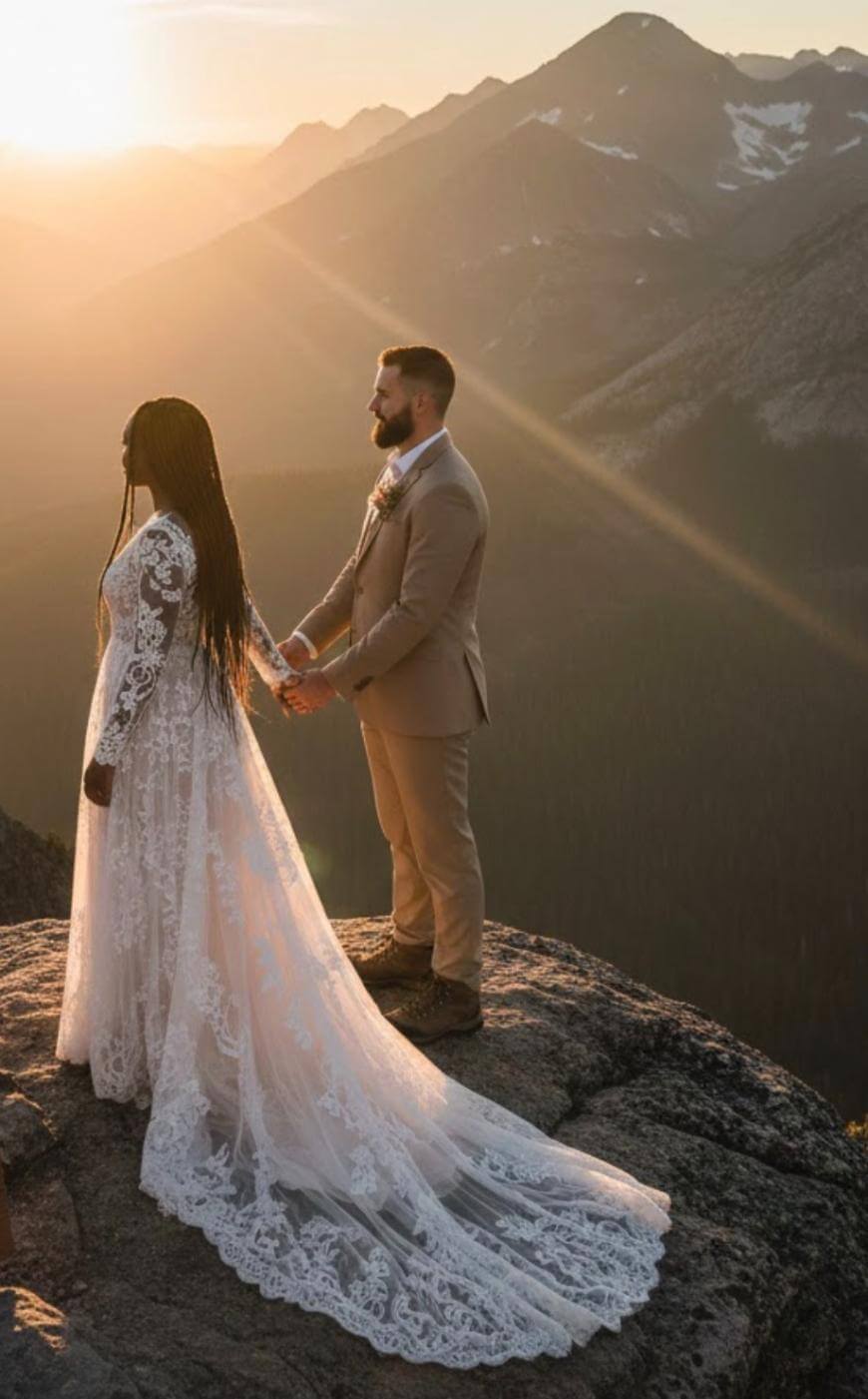 A bride and groom stand holding hands on a rocky cliff at sunset, surrounded by mountains. The bride wears a long, lace wedding dress and the groom is in a tan suit, both gazing toward the glowing horizon.