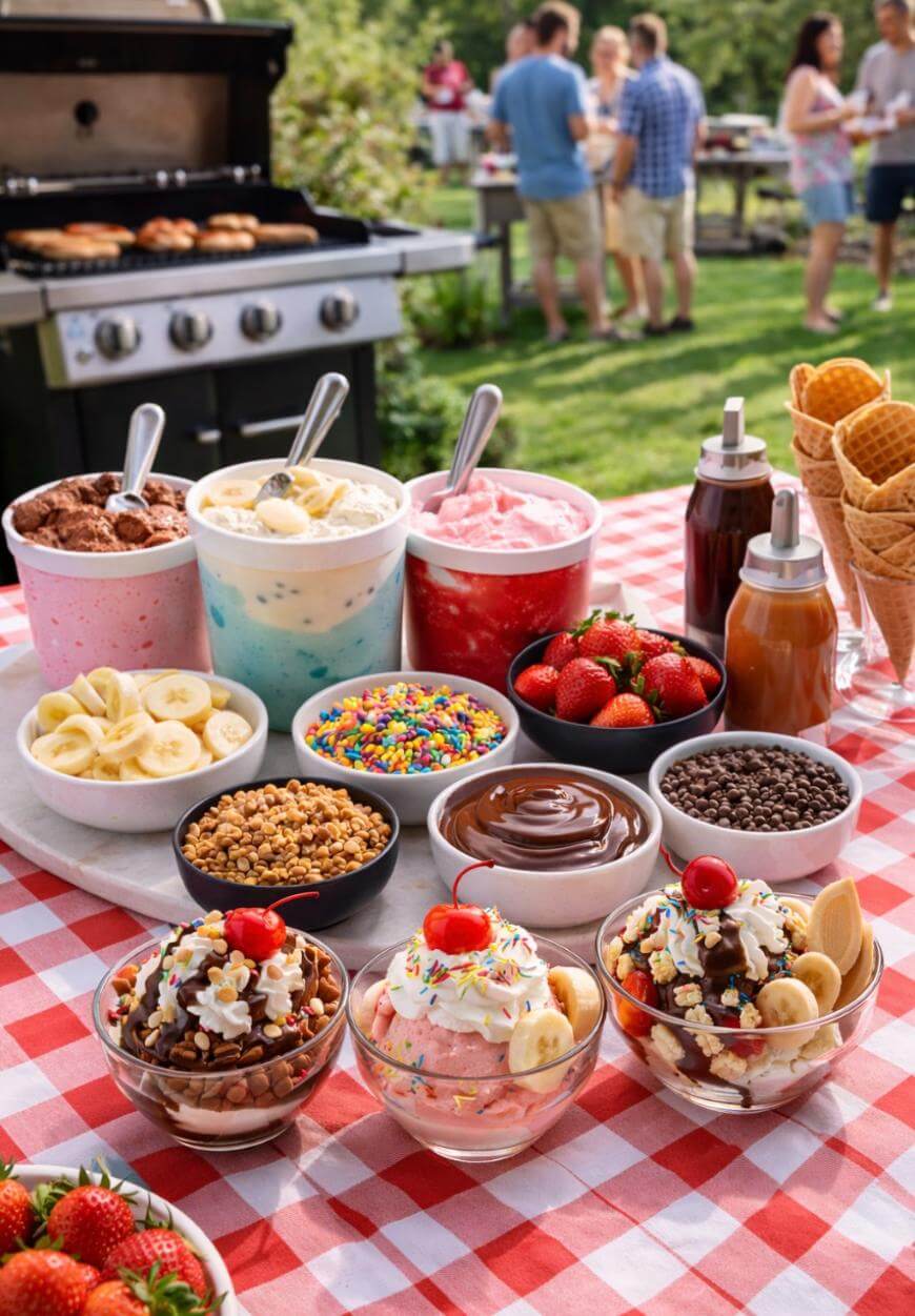 A picnic table with a red and white checkered cloth holds ice cream tubs, bowls of toppings, cones, and sundae dishes. In the background, people socialize near a grill at an outdoor gathering.