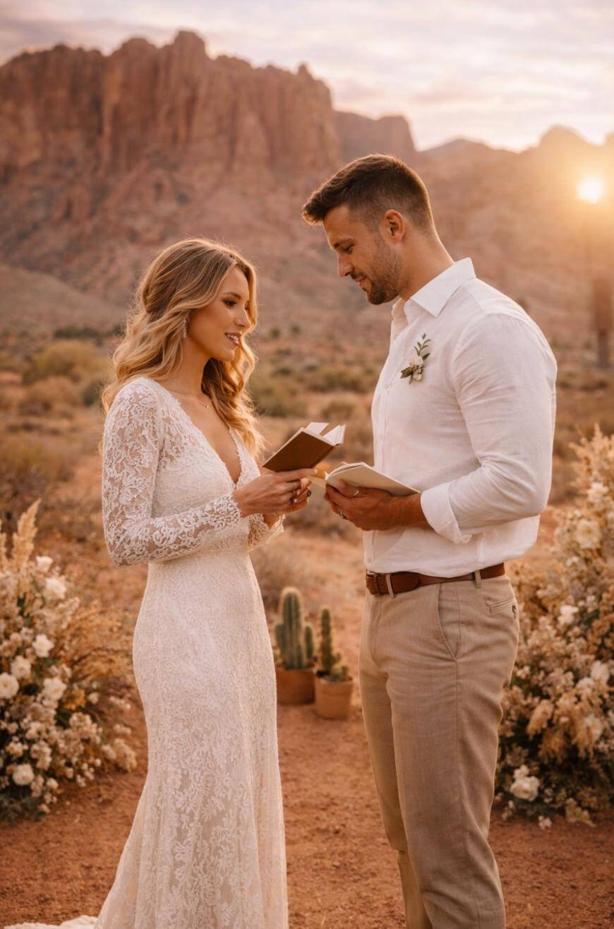 A bride and groom stand facing each other in the desert, exchanging vows at sunset. The bride wears a lace dress, and the groom wears a white shirt and beige pants. Mountains and floral arrangements are in the background.
