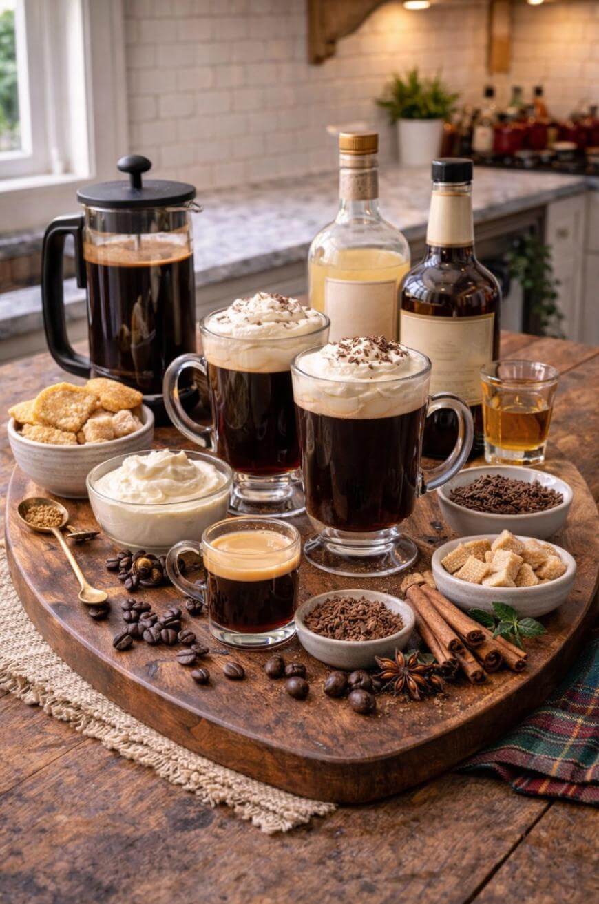 A wooden tray with Irish coffee in glass mugs topped with whipped cream, a shot of espresso, coffee beans, chocolate shavings, spices, sugar cubes, and bottles of whiskey and cream liqueur on a rustic kitchen counter.