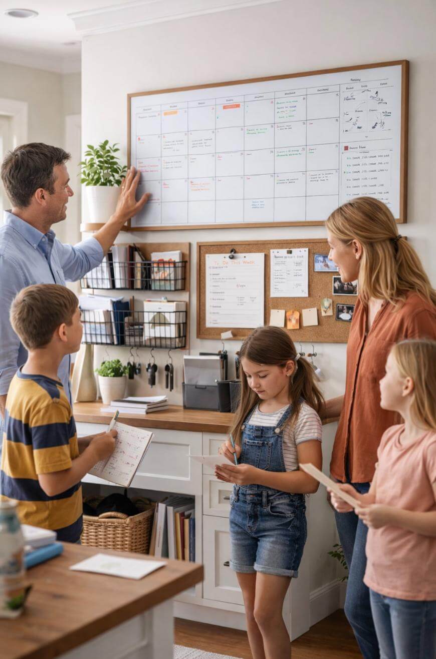 A family of five stands together in a home office, looking at a large wall calendar. The father points at the calendar while the mother and three children listen and hold papers or notepads.