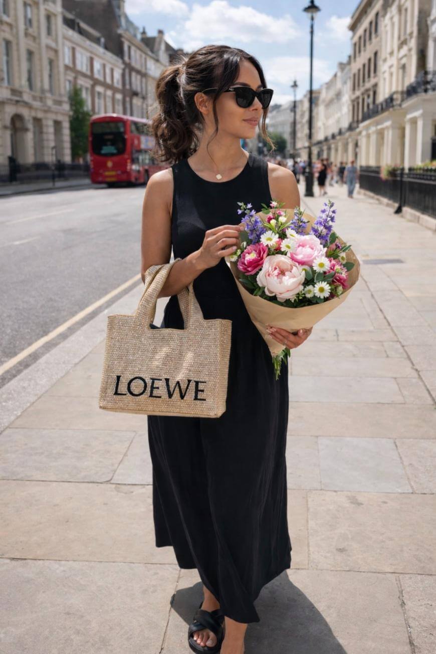 A woman in a sleeveless black dress and sunglasses holds a bouquet of flowers and a LOEWE branded straw bag, walking on a city sidewalk with classic buildings and a red double-decker bus in the background.