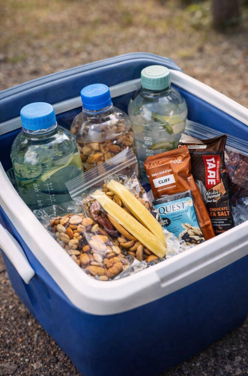 A blue cooler filled with bottled water, assorted trail mix, dried banana snacks, and various energy bars, sitting outdoors on a gravel surface.