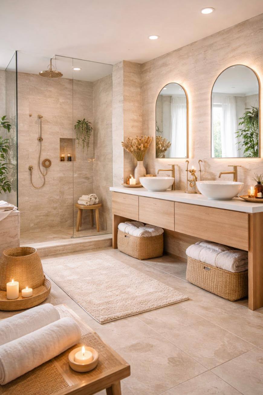 A modern, spa-like bathroom with beige tiles, a double vanity with vessel sinks, backlit mirrors, a glass shower, rolled towels, woven baskets, plants, and lit candles creating a serene, relaxing atmosphere.