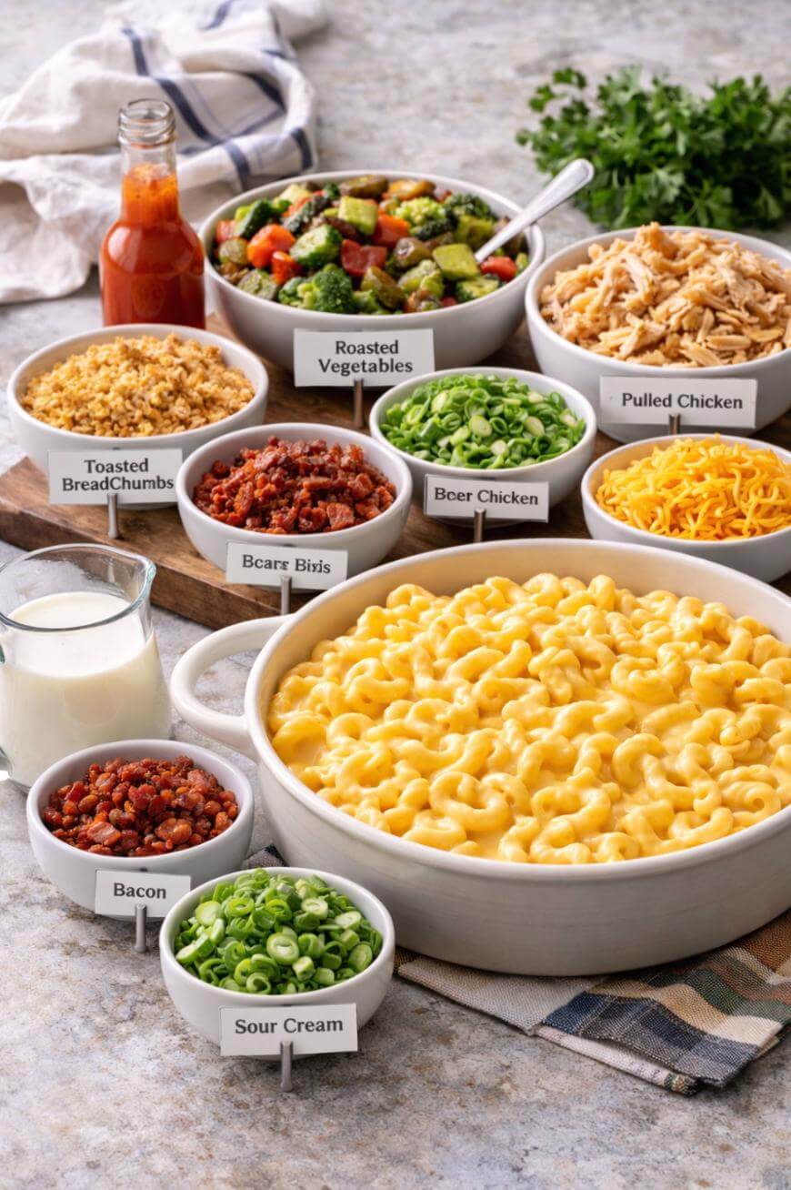 A large dish of macaroni and cheese is surrounded by bowls of toppings: bacon, sour cream, milk, roasted vegetables, toasted breadcrumbs, green onions, beer bits, pulled chicken, and shredded cheese. Hot sauce and herbs are in the background.