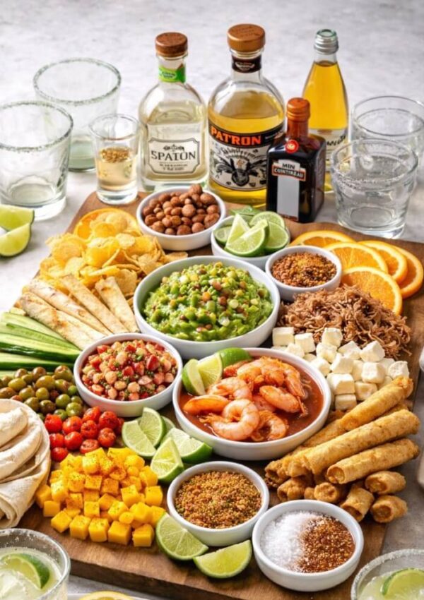A vibrant Mexican appetizer platter with guacamole, shrimp, taquitos, tortilla chips, diced mango, cheese cubes, salsas, peanuts, lime wedges, orange slices, and bottles of tequila, with empty glasses nearby.