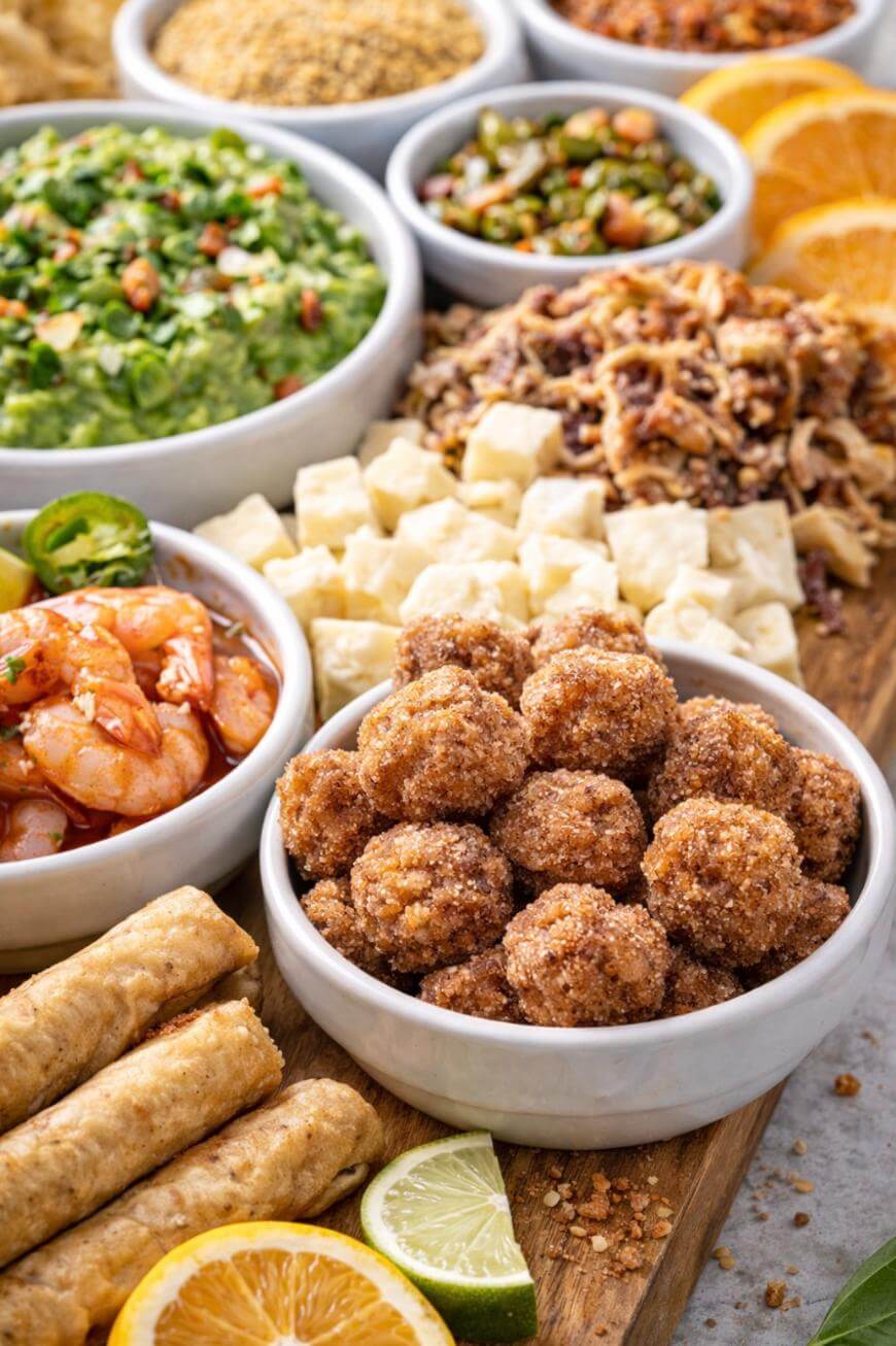 A wooden board topped with assorted appetizers, including fried bites, shrimp, cubes of cheese, spring rolls, chopped nuts, guacamole, orange slices, lime wedges, and bowls of mixed toppings and sauces.