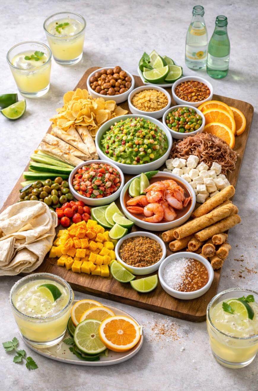 A wooden board filled with assorted snacks, dips, fruits, shrimp, chips, lime wedges, pita, and spices, surrounded by glasses of cocktails and bottles of sparkling water.