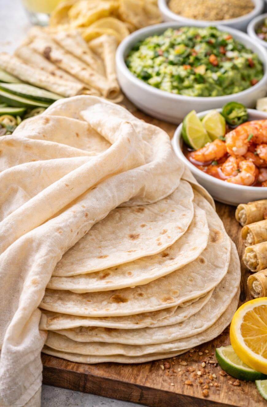 A stack of flour tortillas covered with a cloth, surrounded by bowls of guacamole, grilled shrimp, lime wedges, taquitos, sliced vegetables, and tortilla chips on a wooden board.