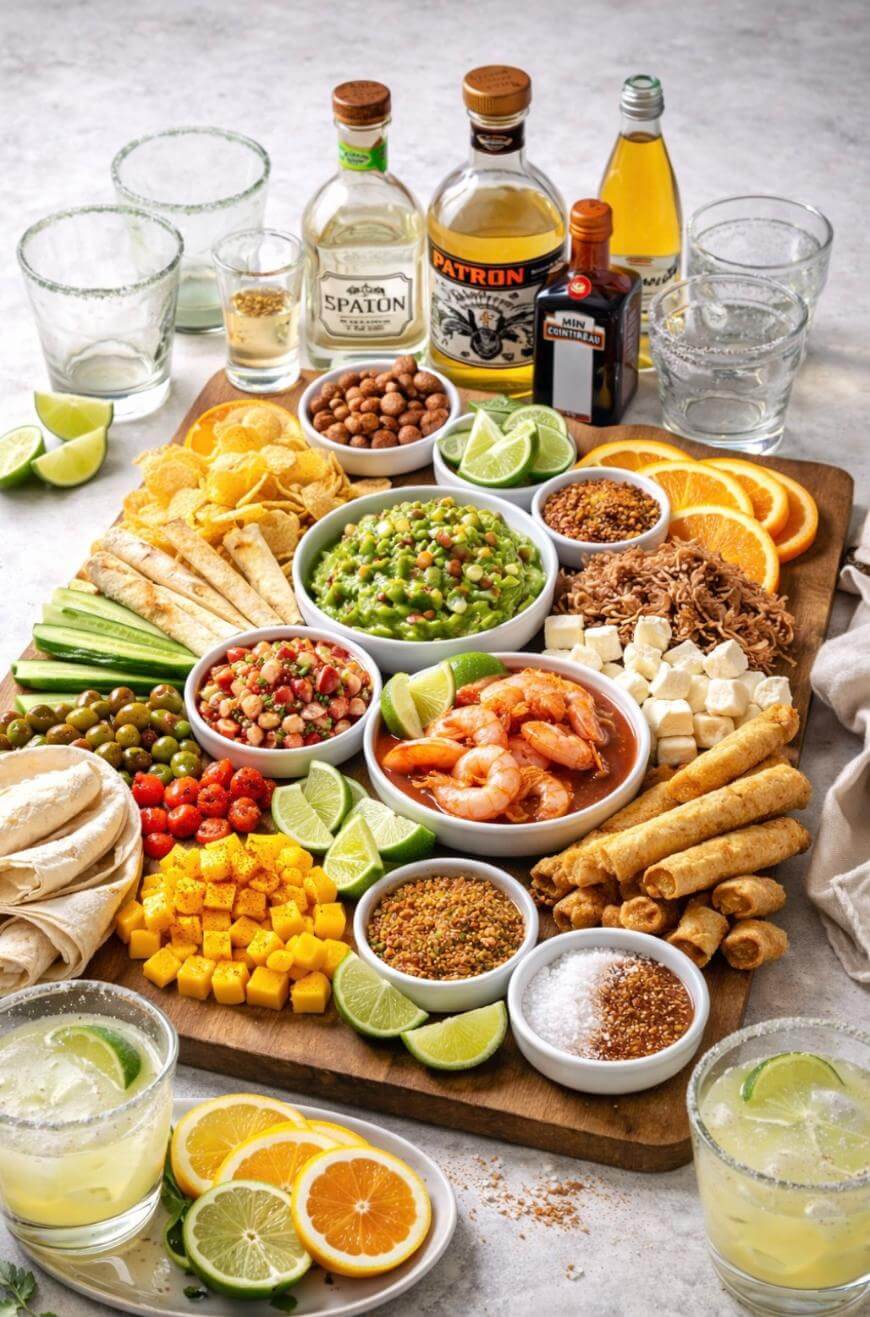 A colorful Mexican appetizer spread with shrimp, diced mango, guacamole, salsa, cheese cubes, veggies, chips, taquitos, lime wedges, assorted spices, and bottles of tequila on a wooden board, with glasses and sliced citrus.