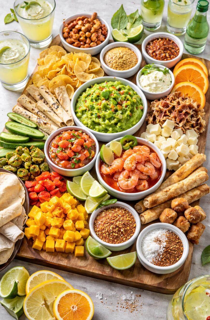A colorful platter with guacamole, shrimp, salsa, chips, cheese cubes, sliced fruits, veggies, tortilla strips, lime wedges, and various dips, surrounded by refreshing drinks with lime and ice.