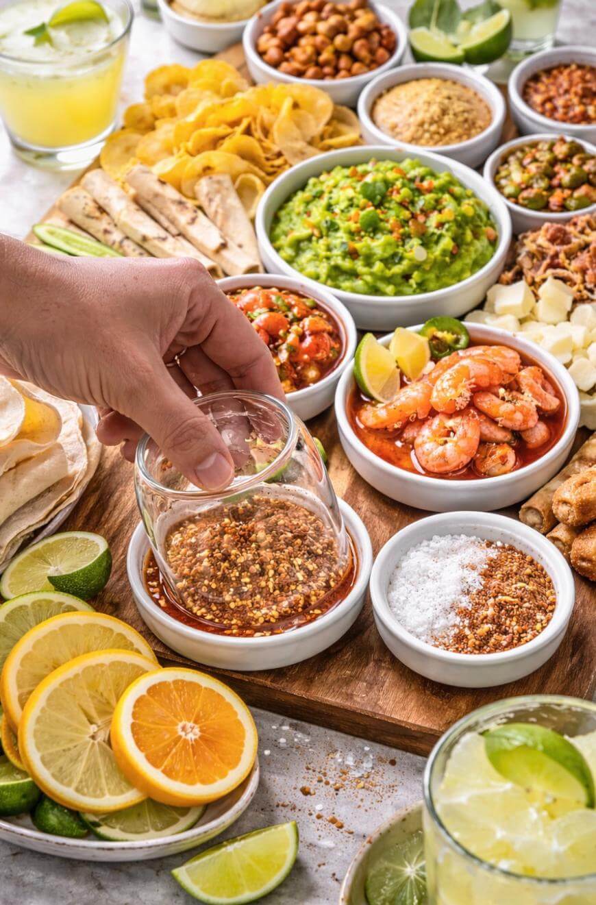A hand dips a rimmed glass into a bowl of chili seasoning. Surrounding the hand are bowls of guacamole, shrimp, salsa, chips, lime wedges, sliced citrus, and various seasonings on a table.