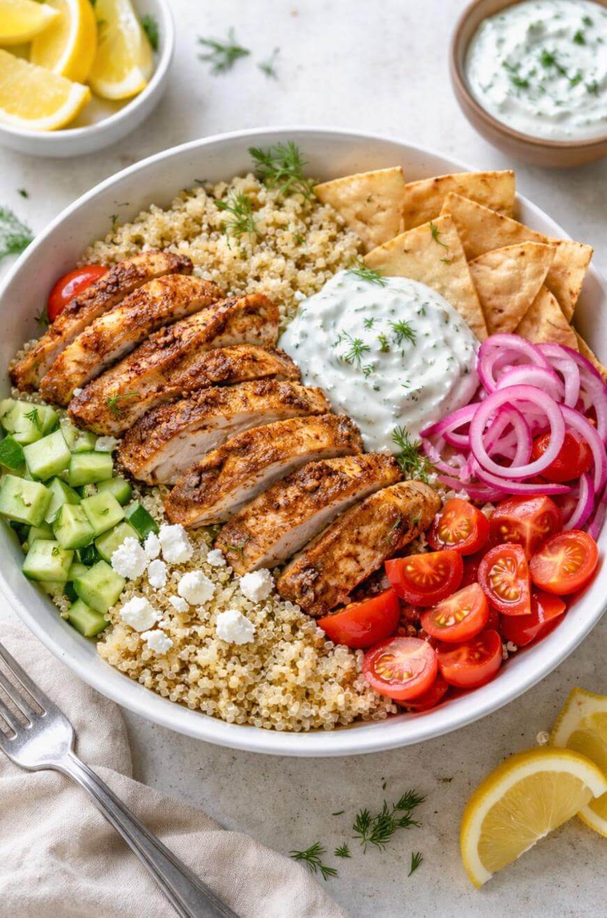 A bowl filled with sliced grilled chicken, quinoa, cucumber, cherry tomatoes, pickled red onions, feta cheese, pita chips, and a dollop of tzatziki sauce, garnished with fresh herbs. Lemon wedges and sauce are nearby.