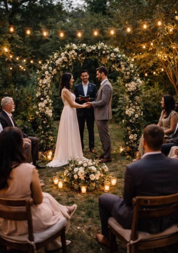A bride and groom stand under a flower arch exchanging vows at an outdoor wedding ceremony. They are surrounded by family and friends seated in a circle, with string lights and candles creating a warm, romantic ambiance.