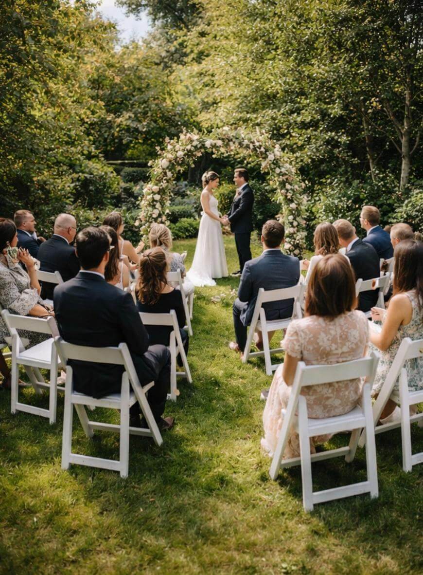 A bride and groom stand under a floral arch, holding hands during an outdoor wedding ceremony. Guests sit on white chairs, watching, surrounded by greenery and sunlight.
