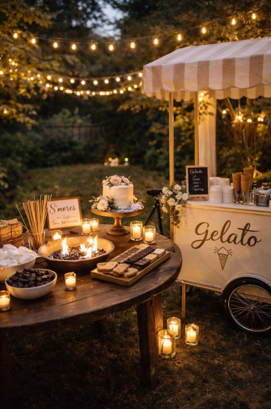 A cozy outdoor setup with string lights, a gelato cart, a rustic table with s’mores ingredients by a small fire, a cake, and numerous candles, creating a warm and inviting evening atmosphere.