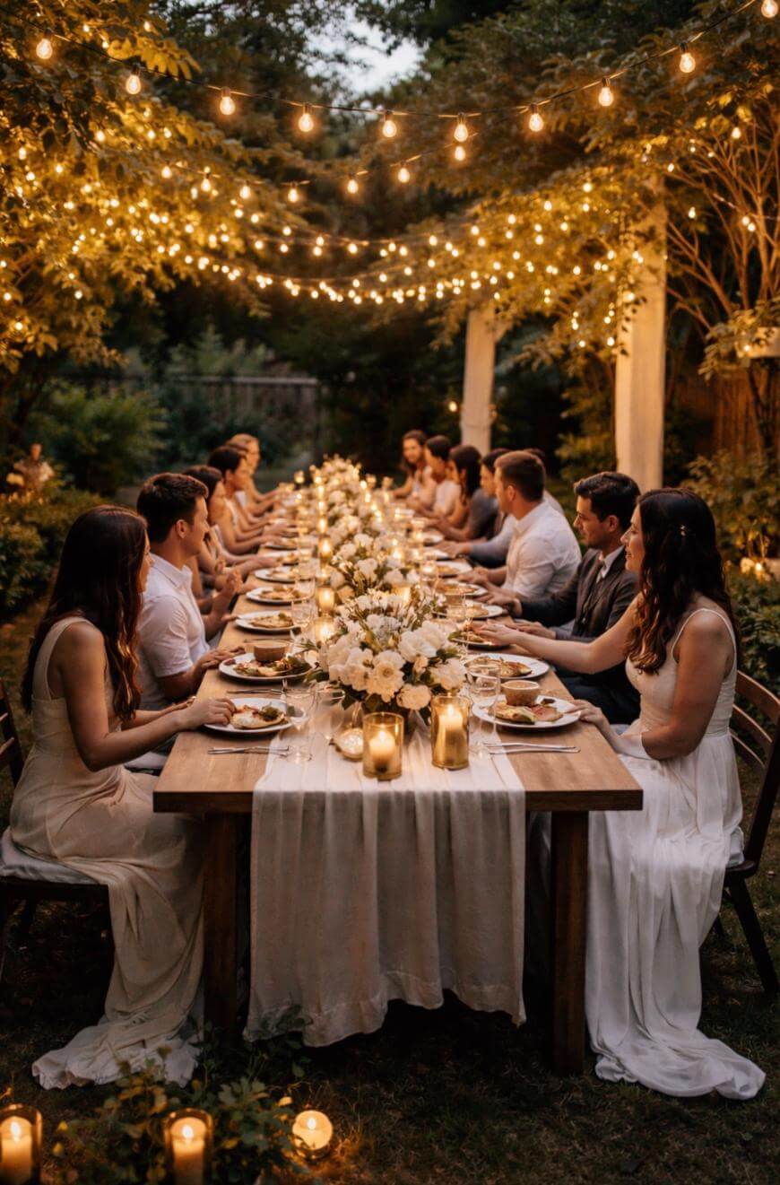 A long outdoor dinner table is surrounded by people dressed in white. The table is decorated with flowers, candles, and food. String lights hang overhead, creating a warm, festive atmosphere in a lush garden setting.