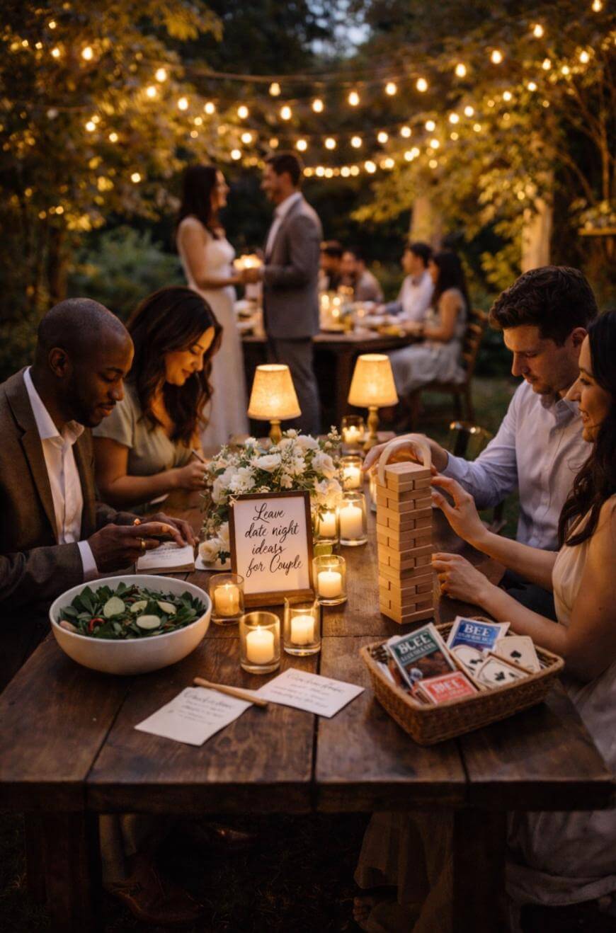 A group of people enjoy an outdoor dinner party at dusk. String lights hang above, candles and flowers decorate the wooden table, and guests are playing Jenga and card games. A sign reads, “Leave date night ideas for Leigh.”.