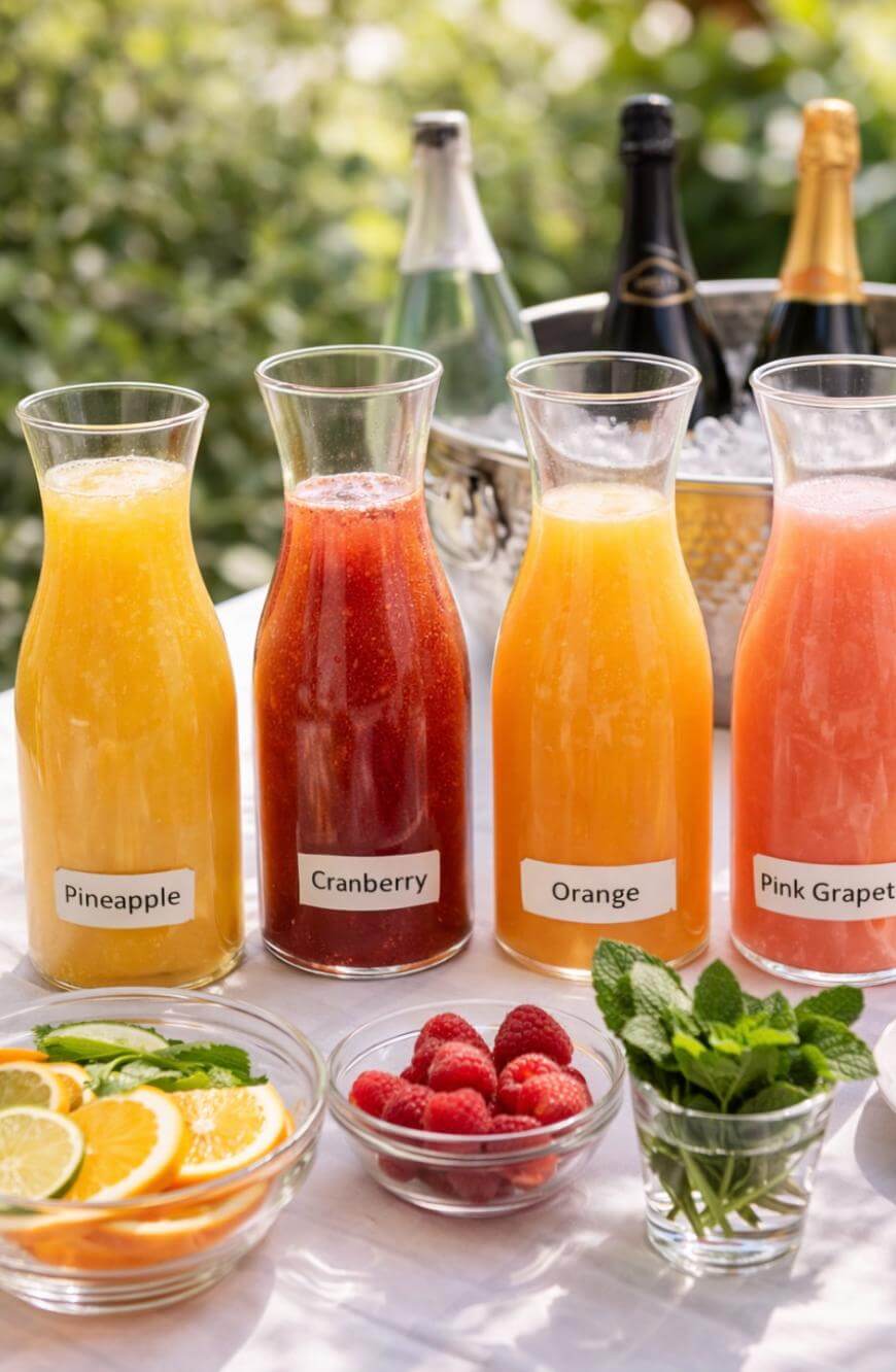 Four glass carafes labeled Pineapple, Cranberry, Orange, and Pink Grapefruit juices sit on a table. In front are bowls of sliced citrus, raspberries, and fresh mint. Champagne bottles are in an ice bucket in the background.