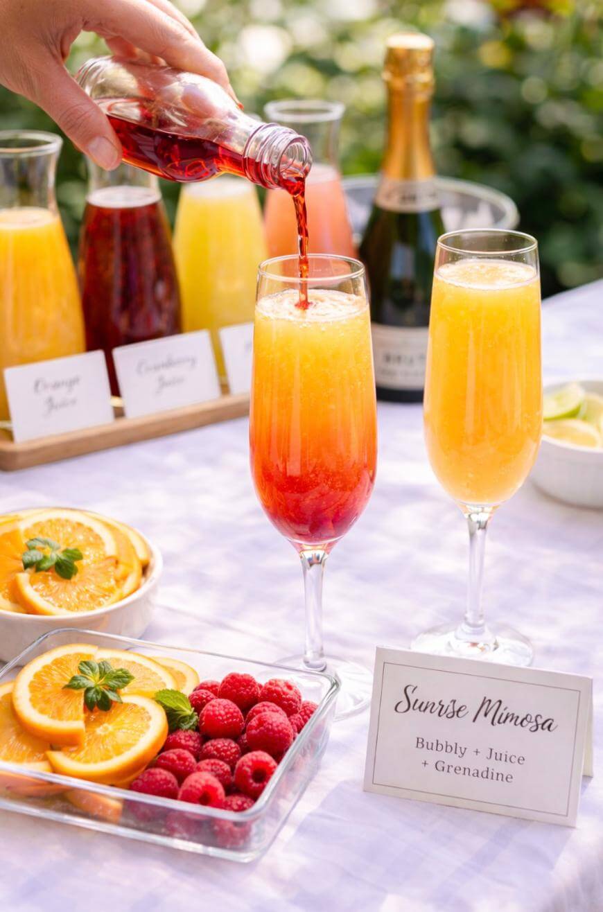 A hand pours red grenadine into a mimosa in a champagne flute. Next to it is another mimosa. On the table are bottles of juice, a champagne bottle, sliced oranges, raspberries, and a “Sunrise Mimosa” sign.