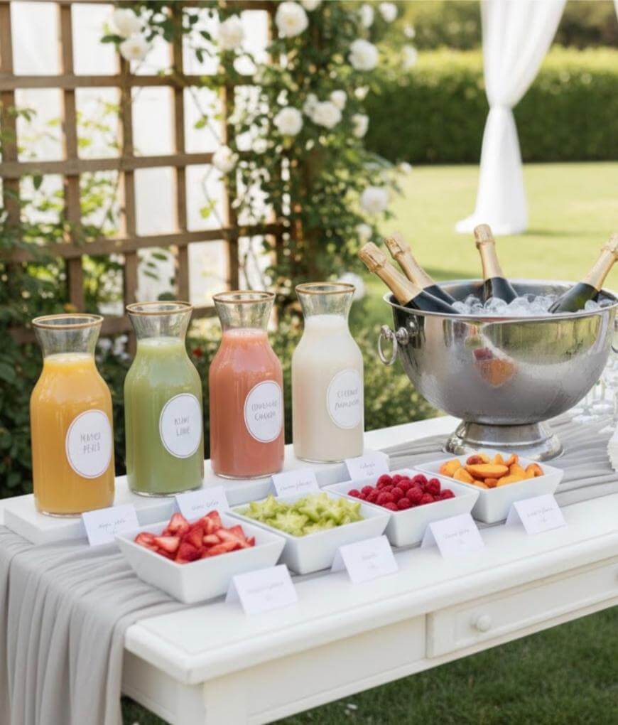 A white table holds carafes of orange, green, pink, and white juices beside a metal bowl with champagne bottles in ice; bowls of cut fruit are arranged in front, outdoors with greenery and flowers in the background.