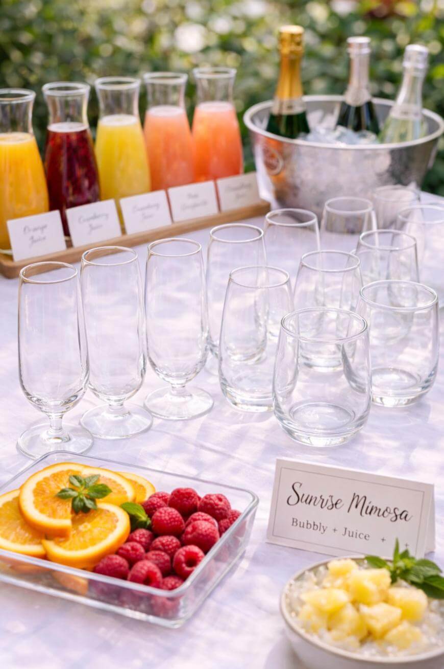 A table with glasses and fruit on it.