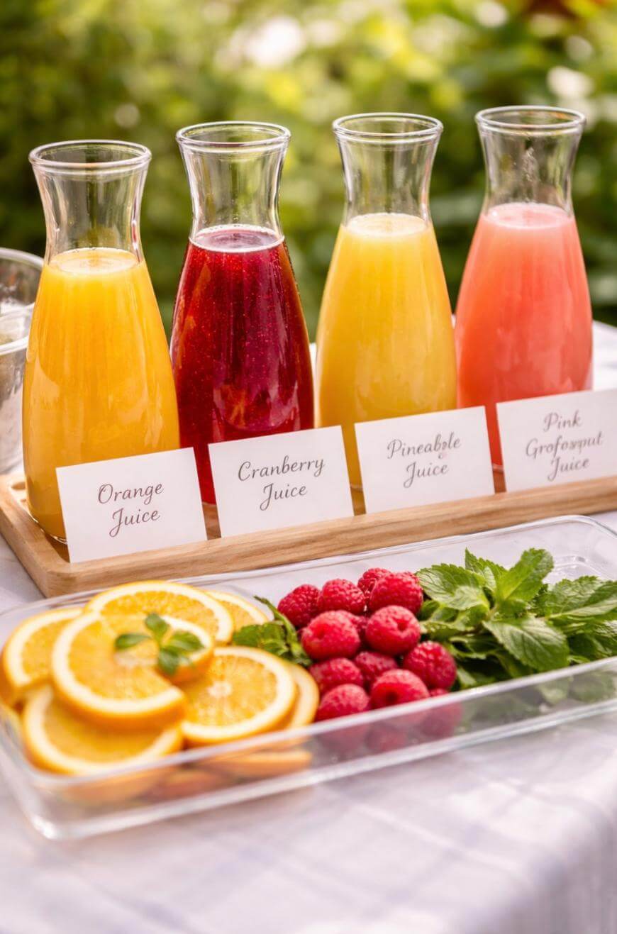 Four glass carafes filled with orange, cranberry, pineapple, and pink grapefruit juice are arranged in a row behind a tray of orange slices, raspberries, and fresh mint on a white table outdoors.