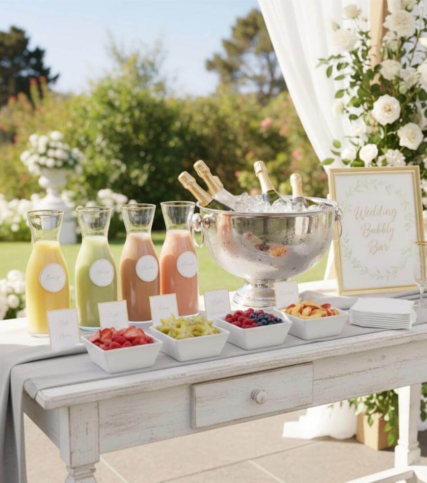A white table holds carafes of colorful juice, bowls of cut fruit, and a silver ice bucket with champagne bottles. A sign reads Wedding Bubbly Bar. White flowers and greenery decorate the outdoor setting.
