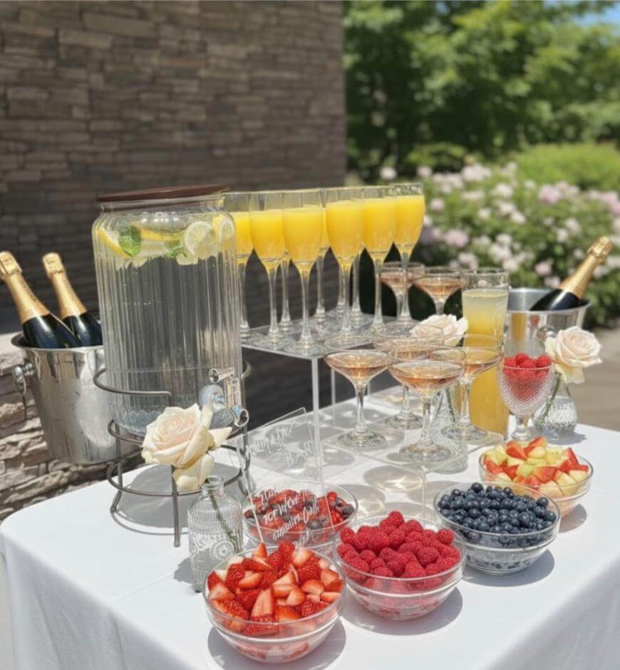 A table set outdoors with glasses of orange cocktails, bottles of champagne in ice, a large glass dispenser with lemon water, and bowls of fresh strawberries, raspberries, blueberries, and pineapple. Roses decorate the display.