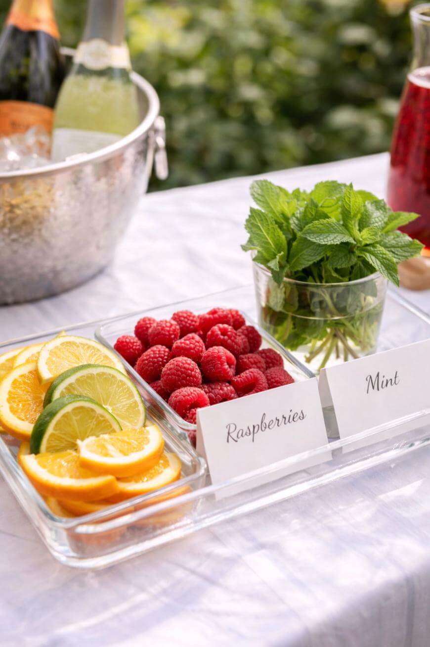 A glass tray with sliced lemons and limes, fresh raspberries, and a glass of mint leaves on a table. Labeled cards read “Raspberries” and “Mint.” Bottles and greenery are visible in the background.