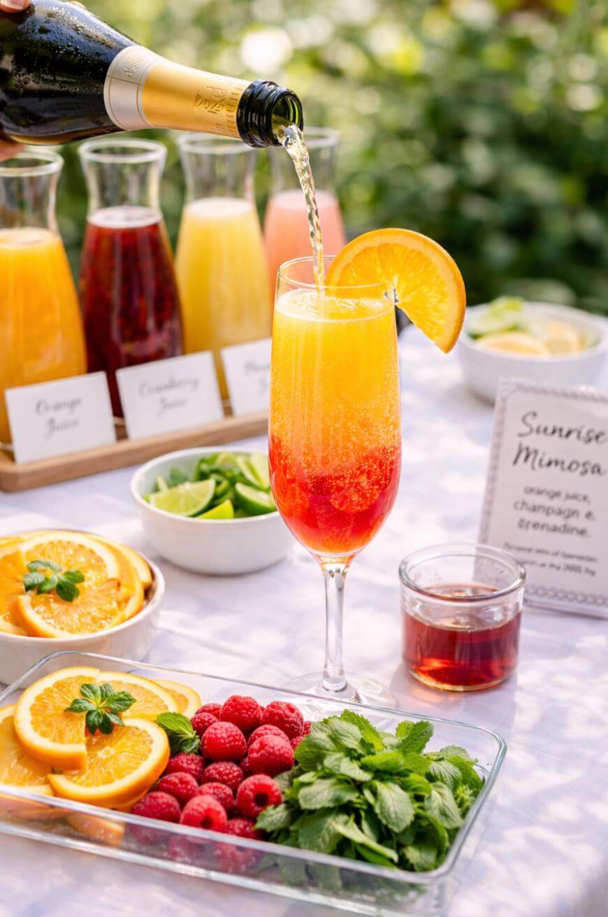 A glass of mimosa is being poured with champagne, garnished with an orange slice. Surrounding it are trays of fresh oranges, raspberries, mint, jars of juice, lime wedges, grenadine, and a sign reading “Sunrise Mimosa.”.