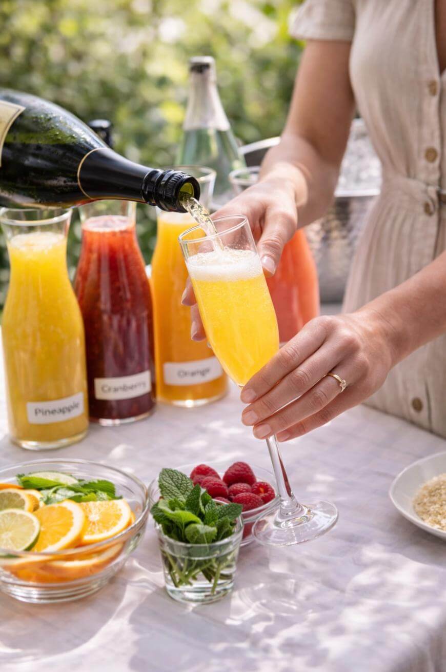 A person pours champagne into a flute on a table set with bottles of pineapple, cranberry, and orange juice, fresh fruit slices, mint, raspberries, and other cocktail garnishes.