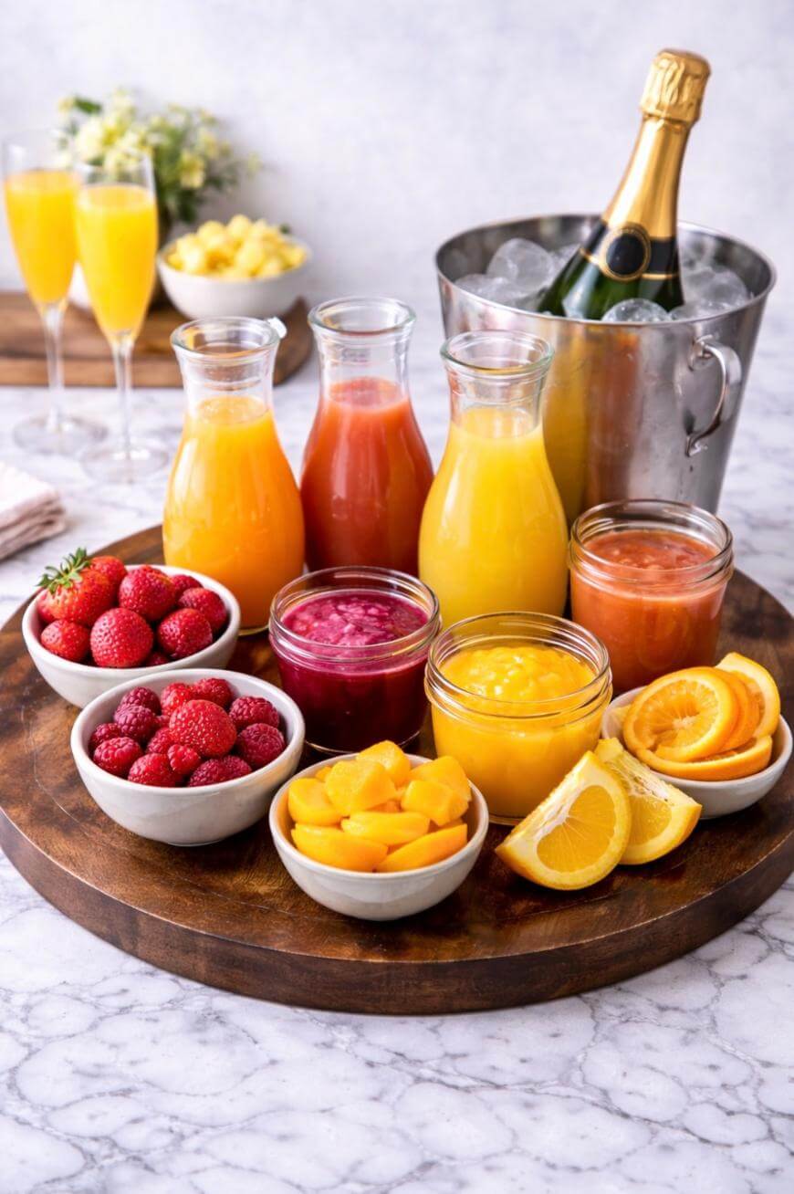A round wooden tray holds carafes of juice, jars of purees, and bowls of sliced oranges, mango chunks, raspberries, and strawberries—perfect drink board ideas for brunch or holiday hosting—with champagne in an ice bucket and mimosas in the background.