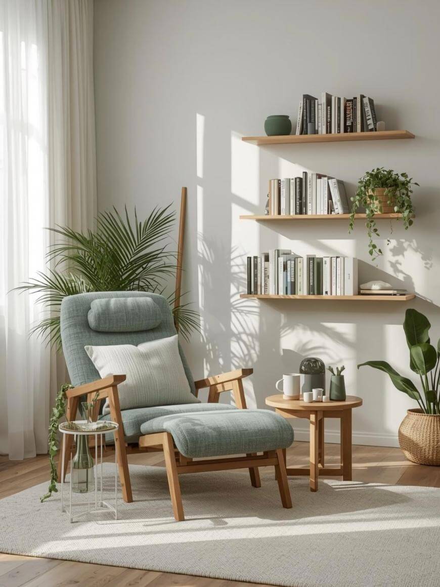A cozy reading nook with a light blue cushioned lounge chair, wooden side tables with a teapot and cup, indoor plants, and bookshelves on a white wall, bathed in natural sunlight.