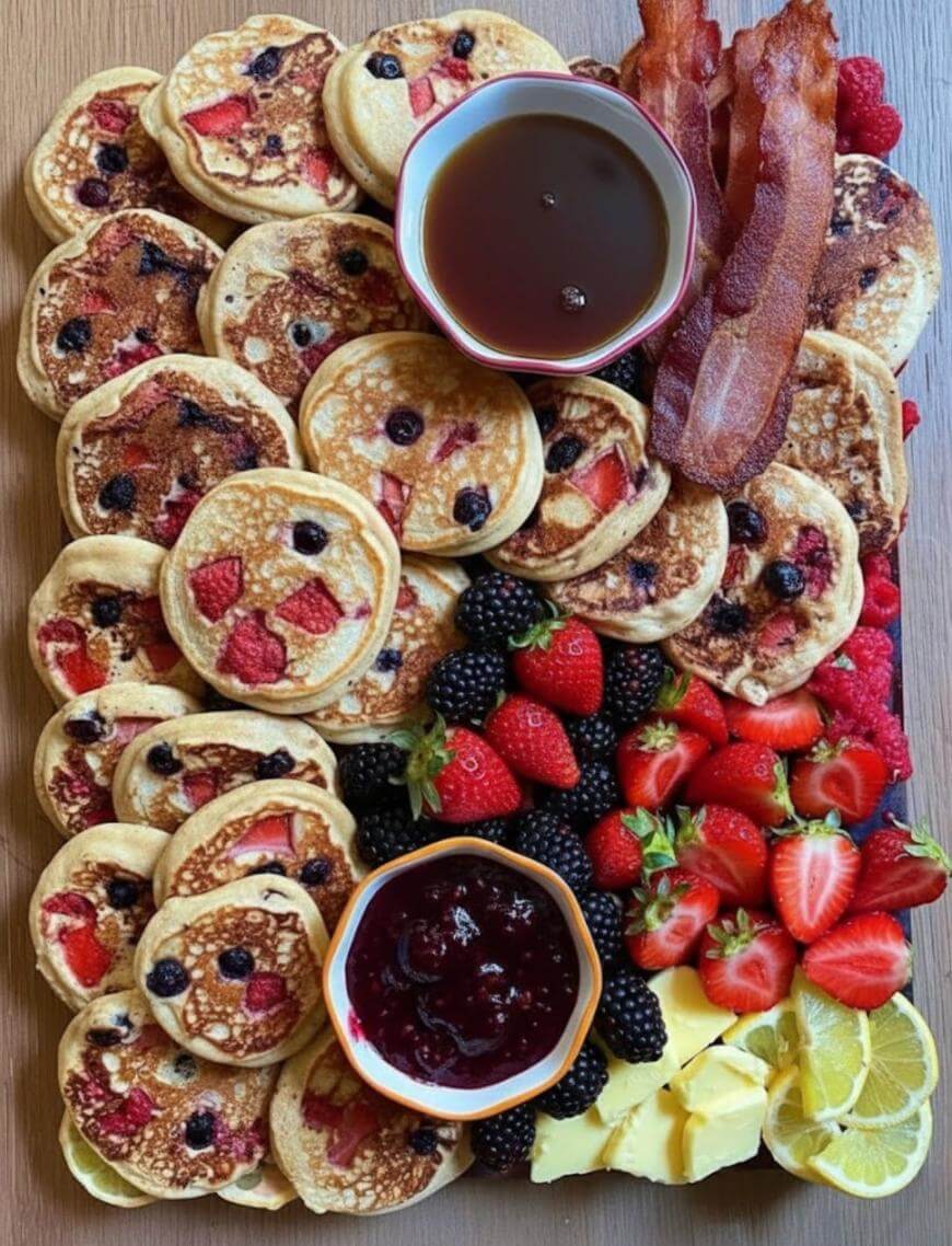 A platter with mini pancakes topped with berries, crispy bacon strips, strawberries, blackberries, jam, syrup, butter slices, and lemon wedges arranged on a wooden surface.