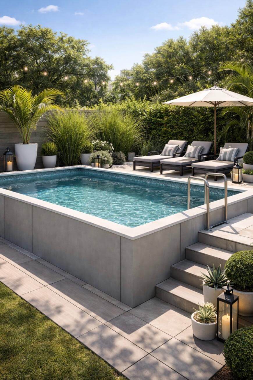 A modern backyard features a small rectangular pool with clear water, bordered by potted plants and greenery. Two lounge chairs sit under a large umbrella, and string lights hang above, creating a relaxing outdoor space.