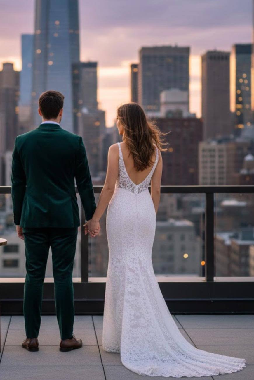 A bride in a white lace gown and a groom in a dark suit hold hands while standing on a rooftop, overlooking a city skyline at sunset.