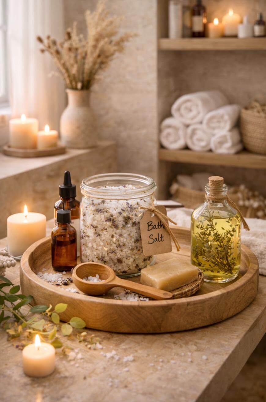 A wooden tray with a jar labeled Bath Salt, a bottle of oil with herbs, soap, wooden spoon, and amber dropper bottles. Lit candles and rolled towels create a relaxing spa atmosphere in the background.