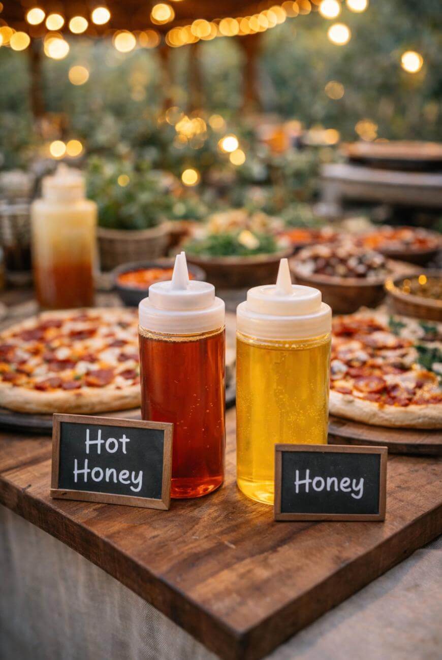Two squeeze bottles, one labeled Hot Honey with amber liquid and one labeled Honey with a lighter yellow liquid, sit on a wooden table with pizzas and string lights in the background.