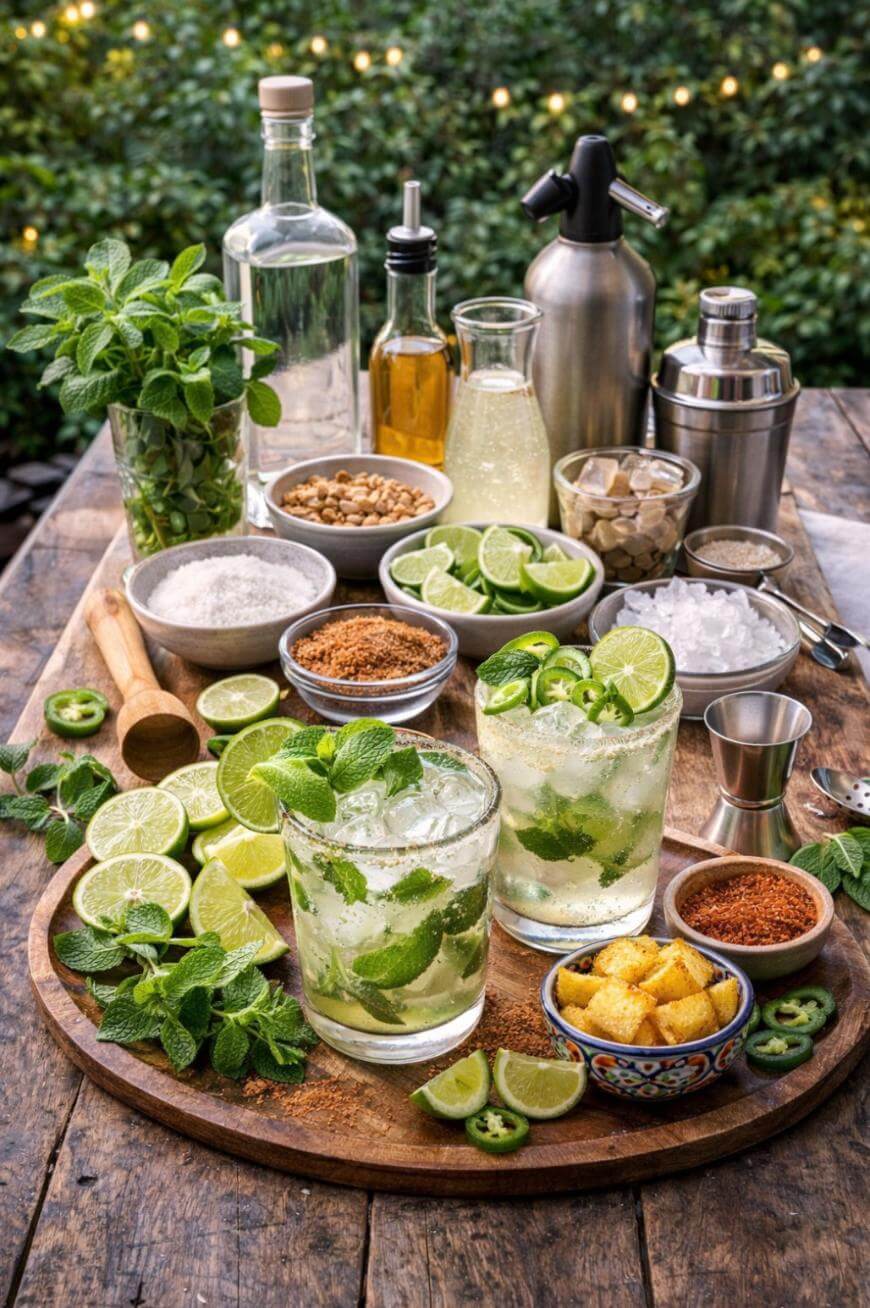 Two mojito cocktails with lime, mint, and ice are on a wooden tray surrounded by fresh lime slices, mint, spices, sugar, and cocktail-making tools on an outdoor wooden table.