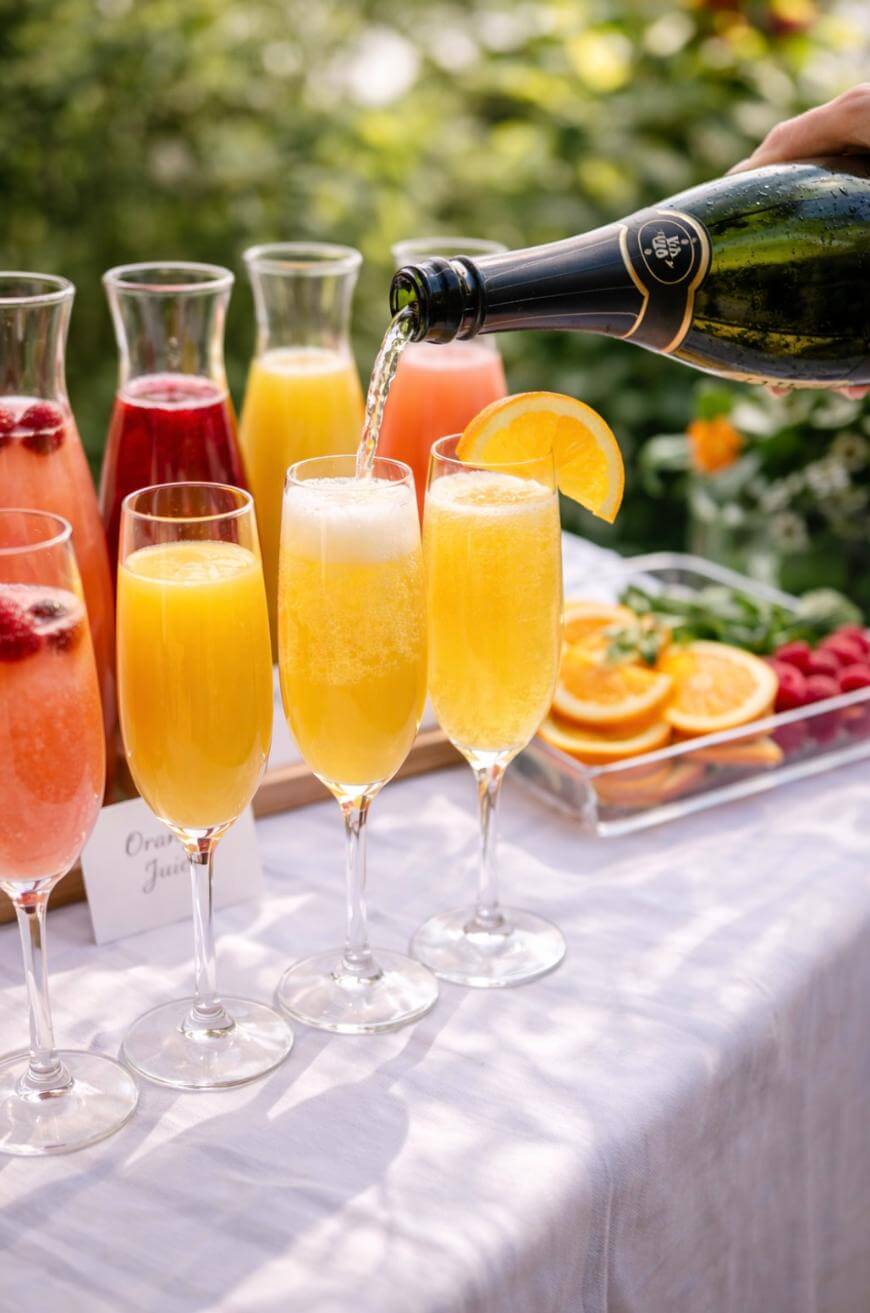 A bottle of sparkling wine is being poured into a flute glass filled with orange juice, surrounded by other mimosa glasses, carafes of juice, and a tray of sliced oranges and raspberries on a table.