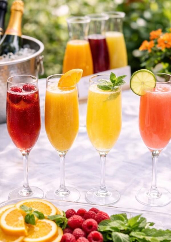 Four colorful cocktails in champagne flutes are garnished with fruit and mint on a white table, with sliced oranges, raspberries, and drink pitchers in the background. An ice bucket with a champagne bottle and orange flowers are nearby.