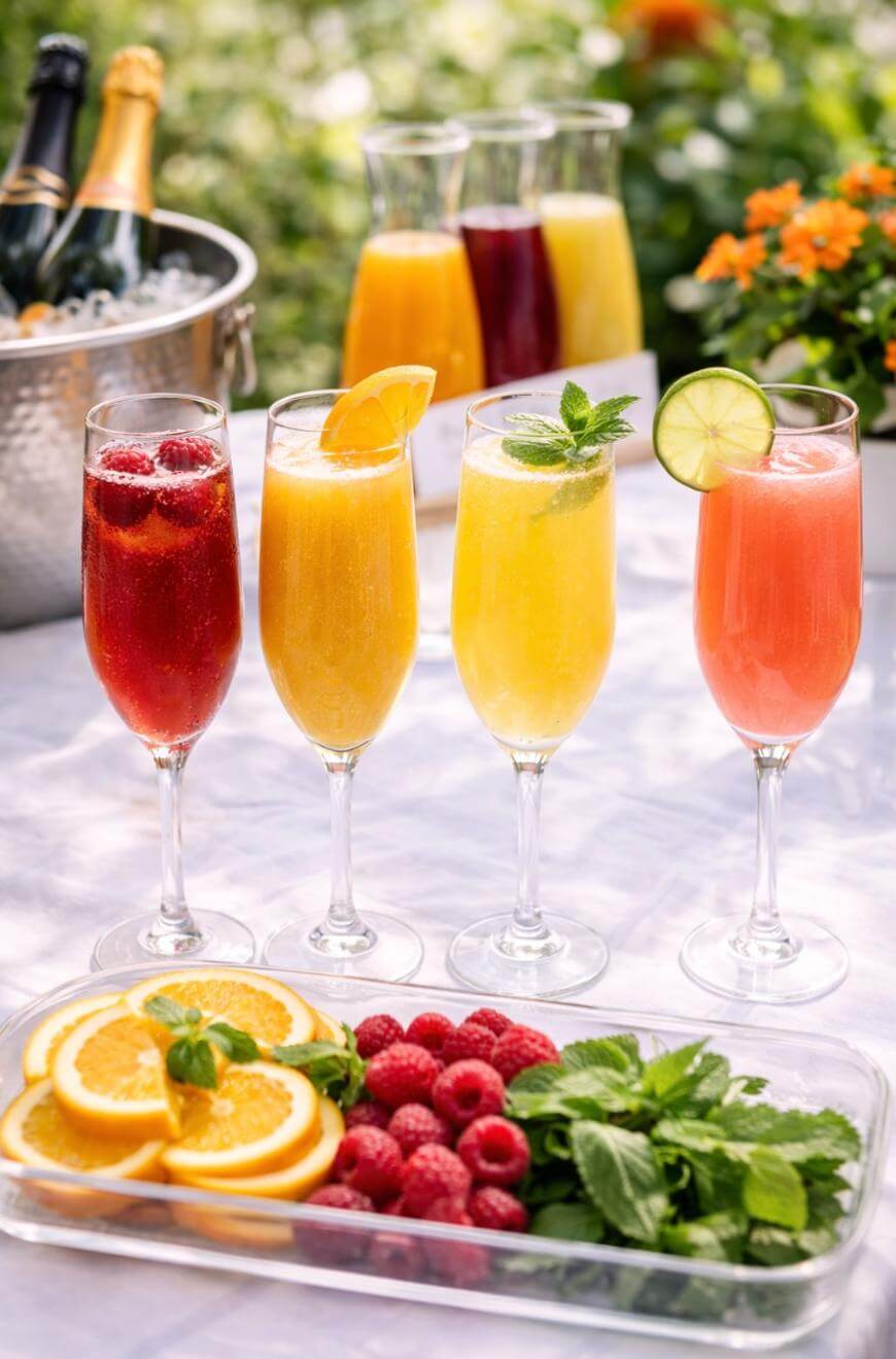 Four colorful glasses of cocktails or mimosas garnished with fruit and herbs are displayed on a table, with a tray of orange slices, raspberries, and mint, and bottles and flowers in the background.