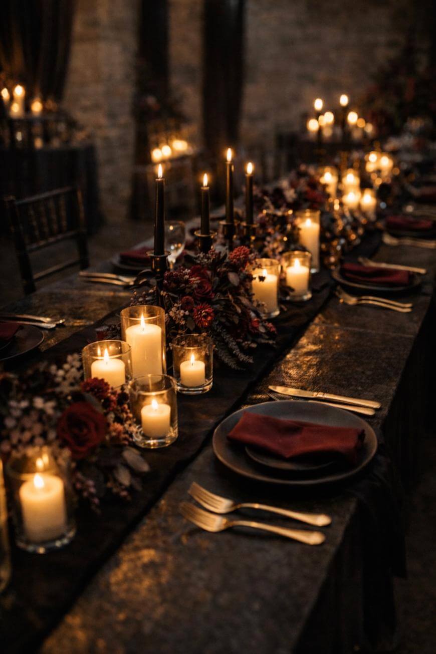 A long dining table set for a formal dinner with black plates, burgundy napkins, and silver cutlery, decorated with lit candles and dark floral arrangements, creating a warm, elegant, and romantic atmosphere.