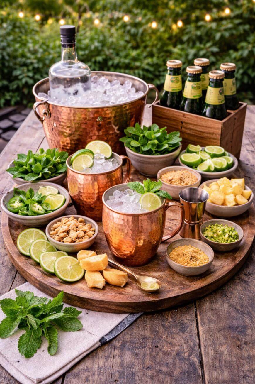 A rustic wooden table displays copper mugs with ice, bowls of lime, pineapple, mint, nuts, ginger, and brown sugar, a bottle in an ice-filled bucket, and bottled drinks. String lights and greenery are in the background.