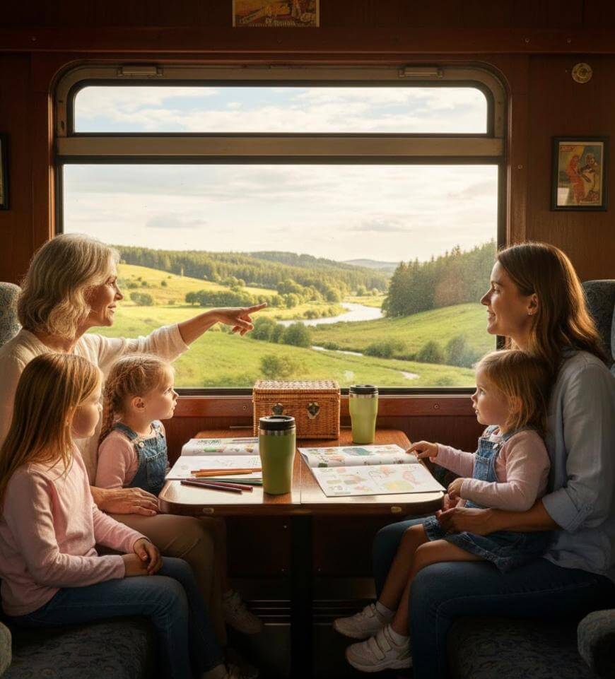 Four people, two adults and two children, sit at a table on a train, enjoying drinks and snacks. An older woman points out the window at a scenic green landscape with hills, trees, and a river under a blue sky.
