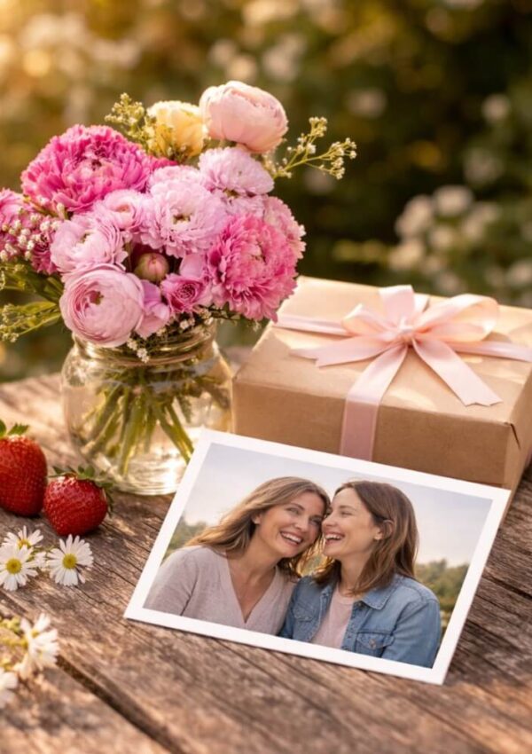 A bouquet of pink flowers in a jar, a gift box with a pink ribbon, two strawberries, daisies, and a photograph of two women smiling together, all arranged on a wooden table outdoors.